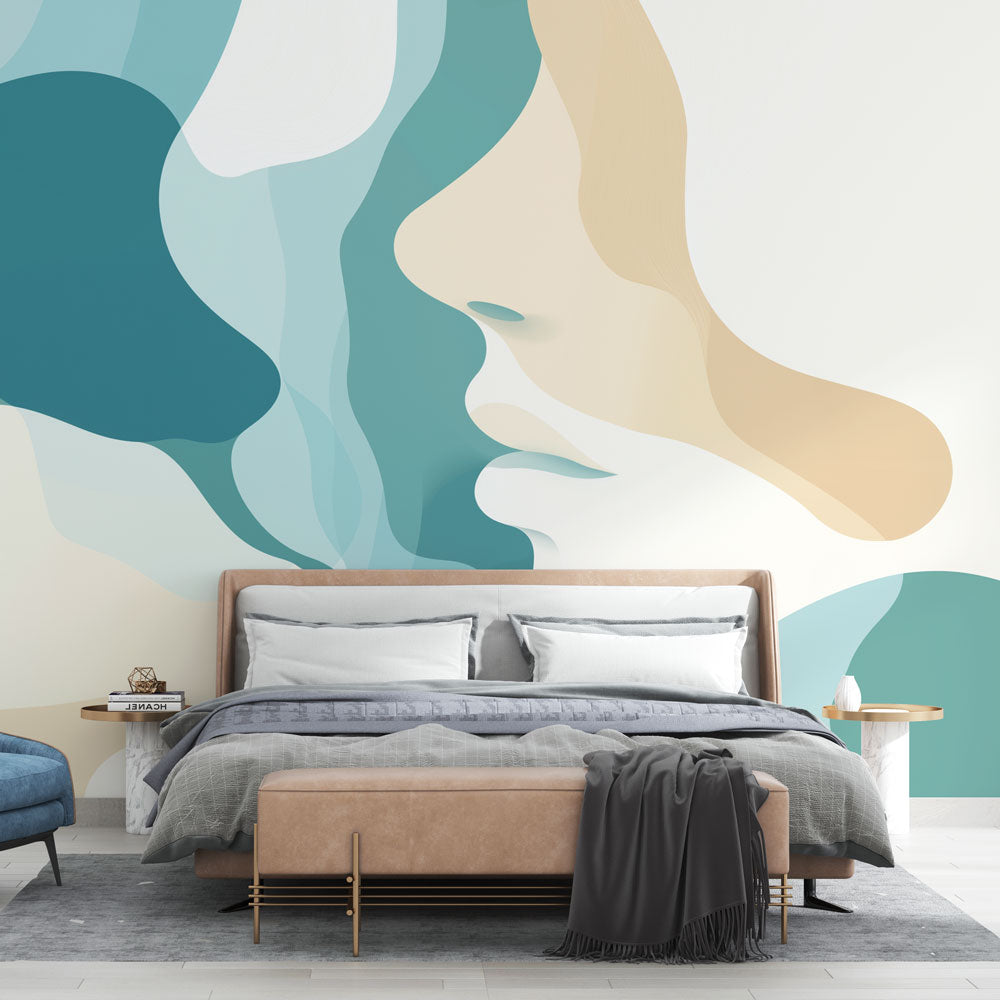Abstract wall mural with fluid shapes in turquoise and beige creating a calm atmosphere in a modern living room setting
