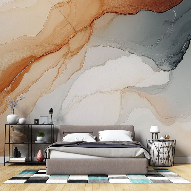 Abstract fluid art wallpaper in modern living room, showing flowing terracotta and grey patterns creating a calm atmosphere