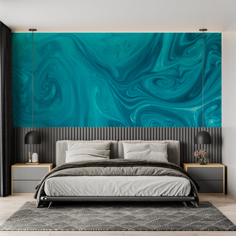 Turquoise marble abstract wallpaper in modern living room creating a stunning feature wall