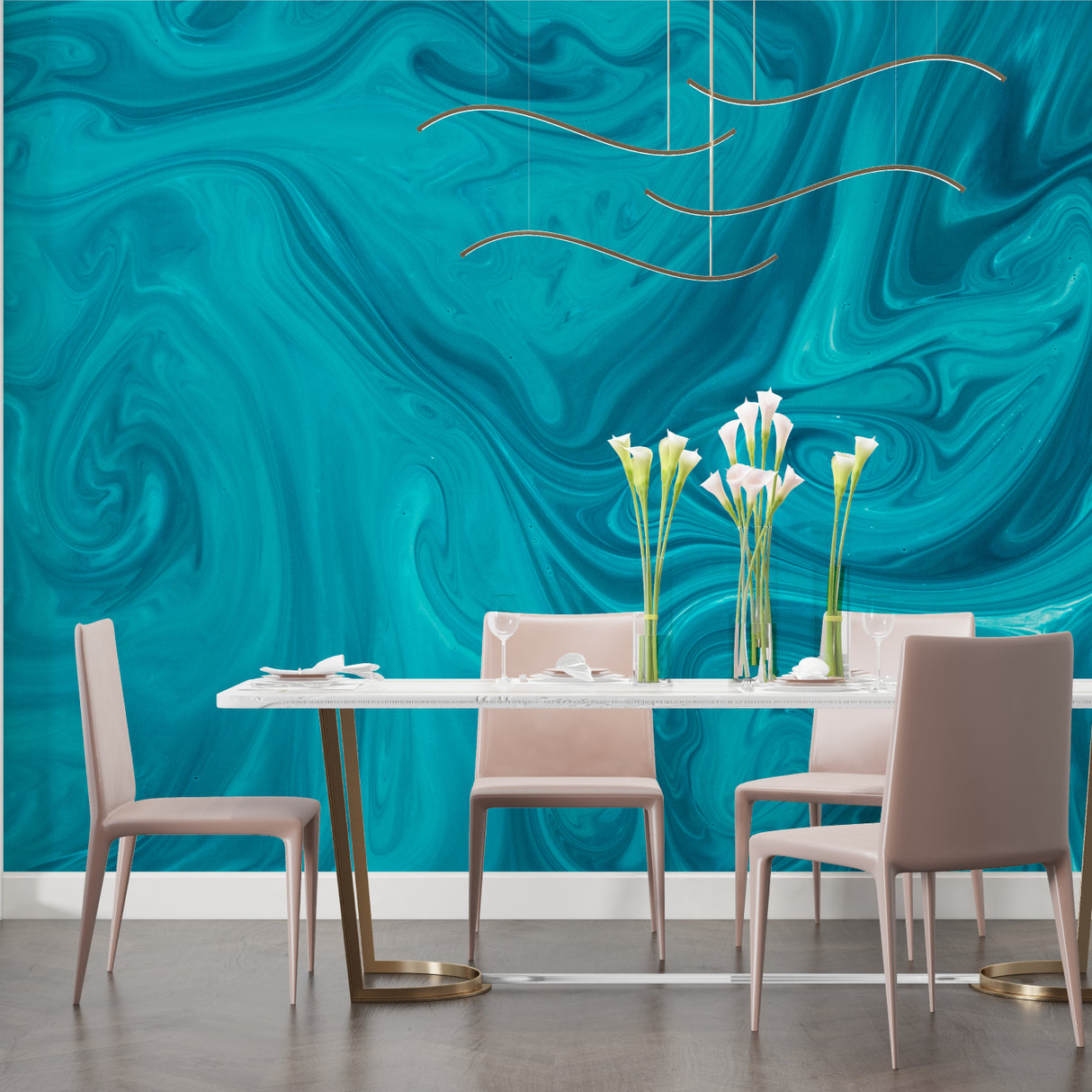 Abstract marble wallpaper with fluid design in luxury bathroom setting