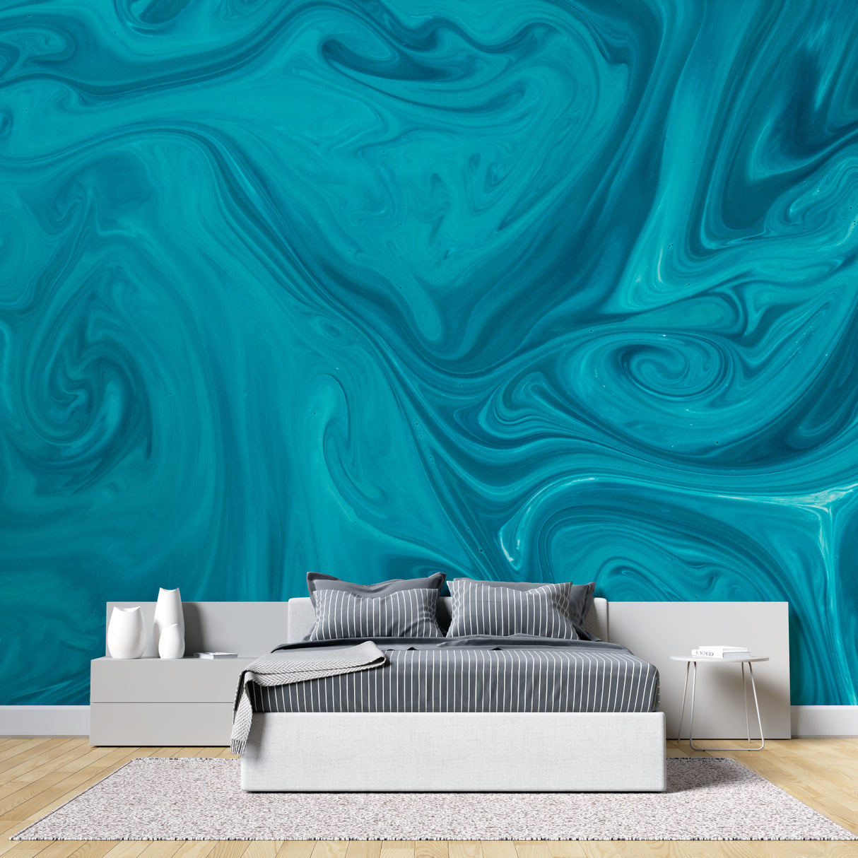 Fluid turquoise wallpaper creating depth in dining room setting