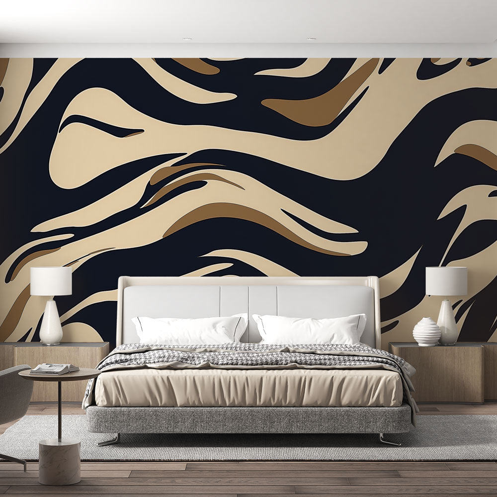 Black and beige abstract wave wallpaper creating drama in a modern living room with minimal furniture