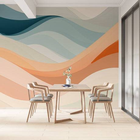 Abstract wave wallpaper in modern living room, showing fluid ocean and terracotta tones creating a peaceful atmosphere