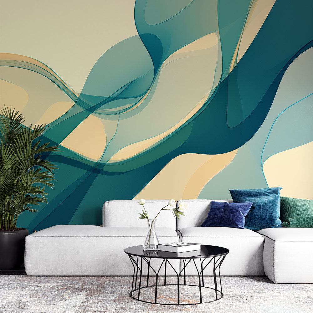 Abstract wave wallpaper creating a calm atmosphere in a modern living room with turquoise and beige fluid pattern
