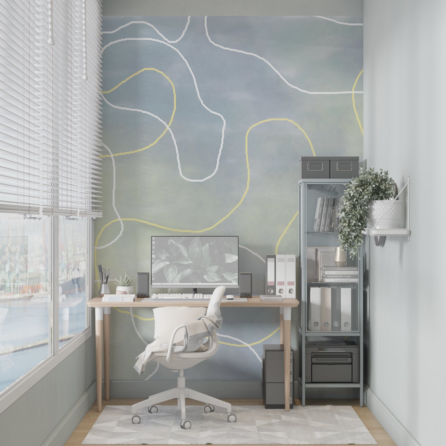 Yellow and grey abstract wall mural adding movement to a minimalist bedroom setting