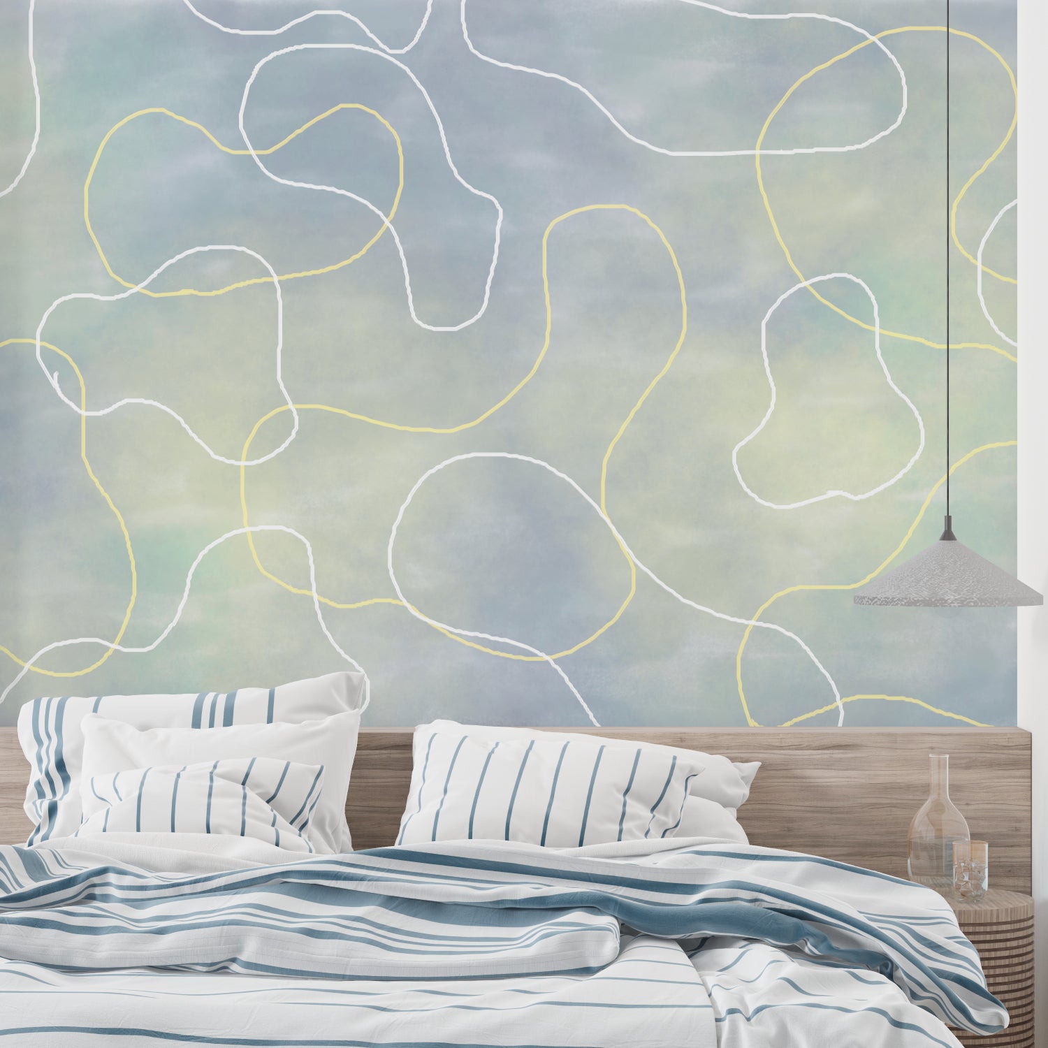 Flowing line wallpaper design showcased in a bright home office with modern furniture