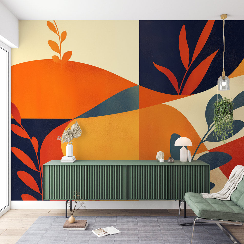 Abstract botanical wallpaper with orange and navy geometric patterns styled in a modern living room with minimal furniture
