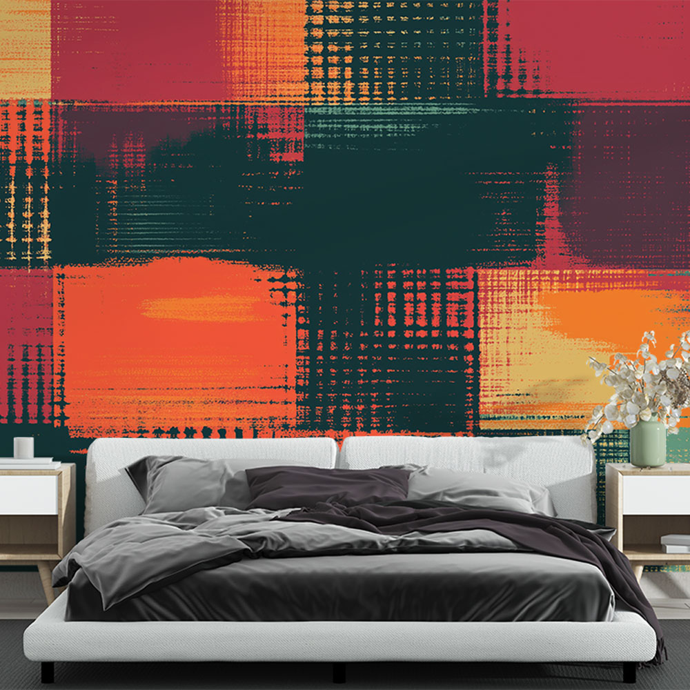 Modern living room featuring Geometric Checkered Pattern wallpaper in warm sunset tones creating a stylish accent wall