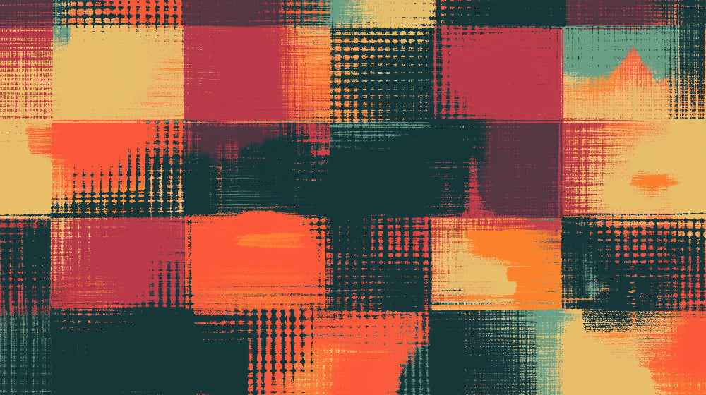 Geometric pattern design file showing detailed checkered squares in emerald and coral sunset colors