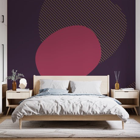 Modern Abstract Geometric Wallpaper with purple and gold accents making a statement in a minimalist living room