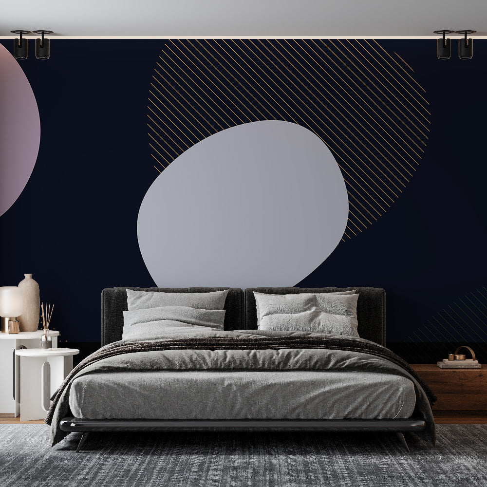 Modern geometric wallpaper with gold circles shown in a bright living room setting, creating an elegant accent wall