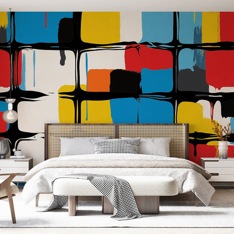 Modern geometric grid wallpaper creating a bold statement wall in a minimalist living room with white furniture