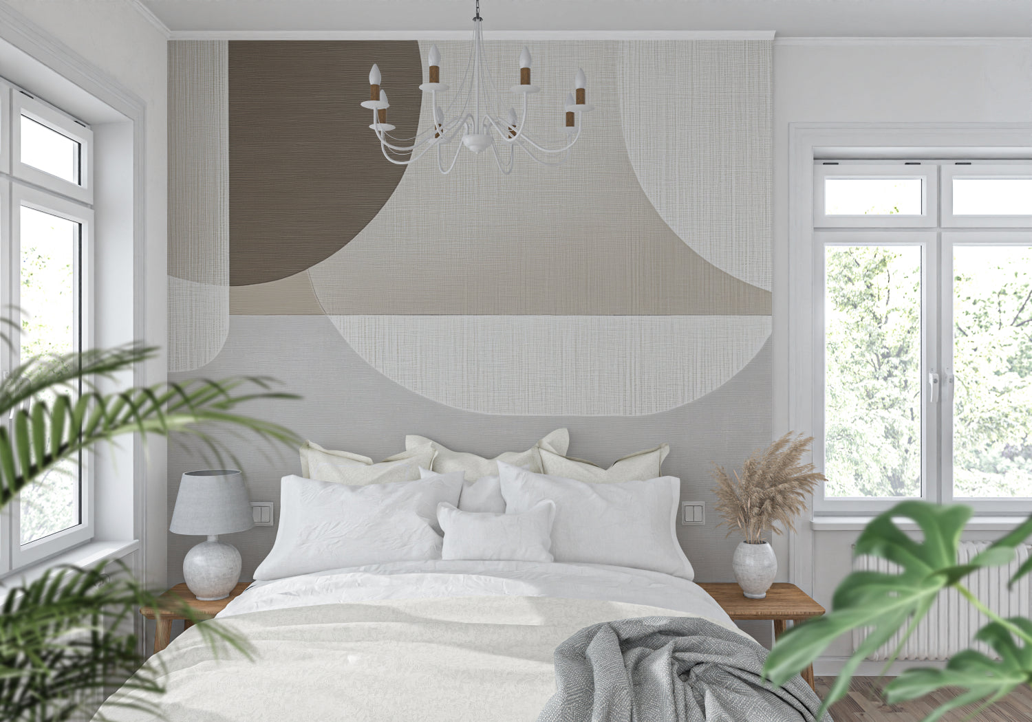 Elegant entryway showcasing curved geometric wallpaper pattern in soft greys and beige