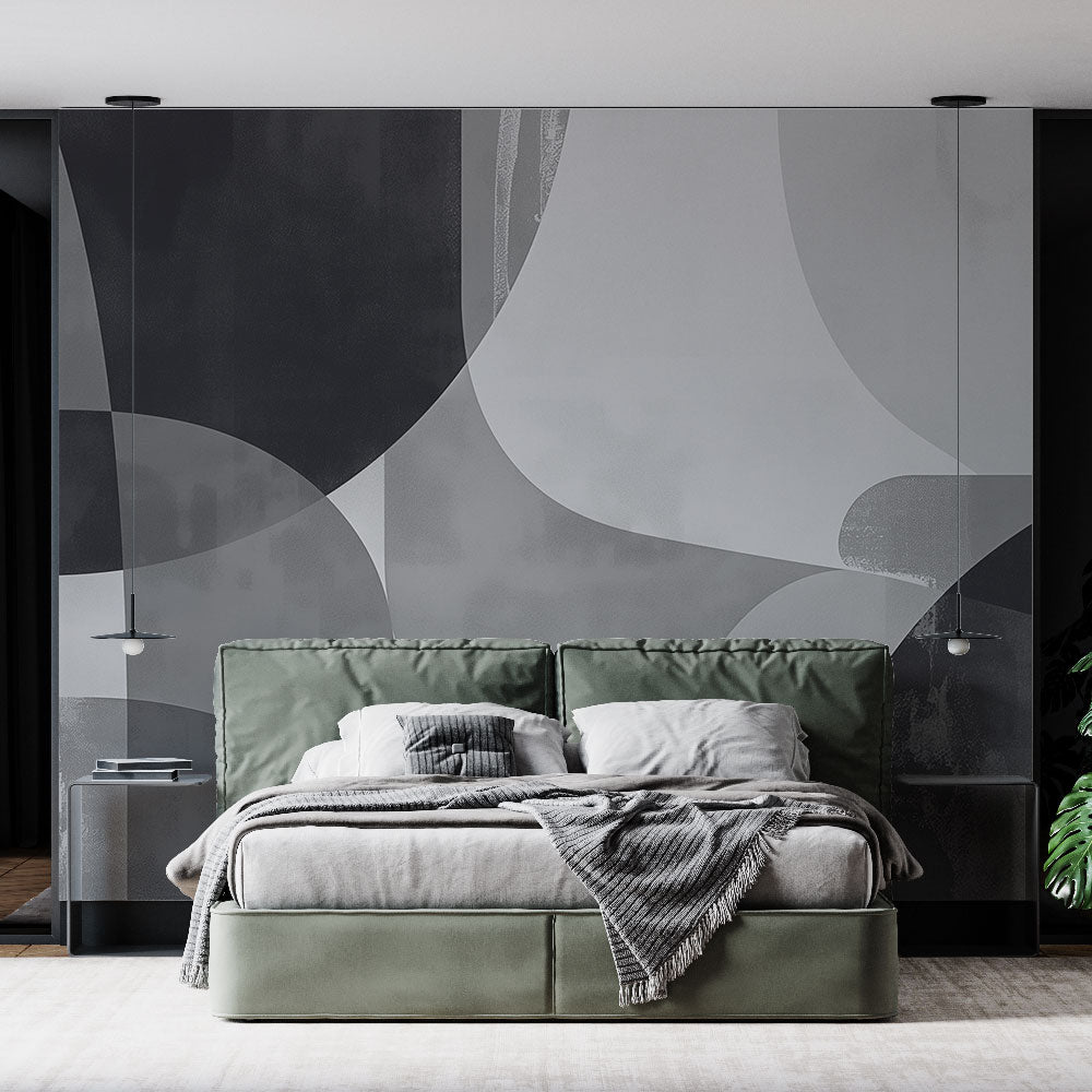 Modern abstract geometric wallpaper creating depth in a minimalist living room with clean lines and natural light