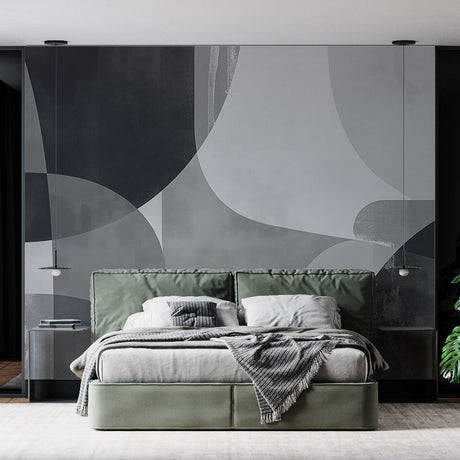 Modern abstract geometric wallpaper creating depth in a minimalist living room with clean lines and natural light