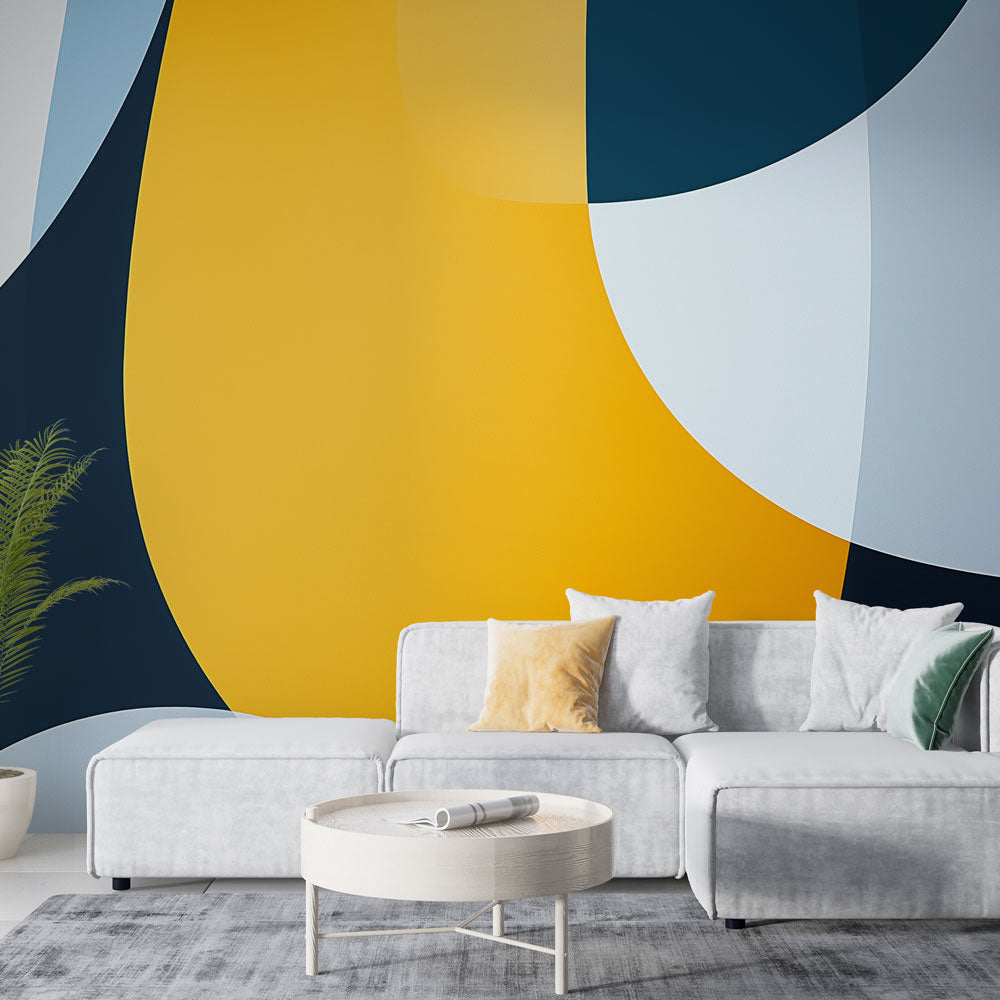 Modern geometric wallpaper with yellow and navy curves creating depth in a minimal Scandinavian living room setting