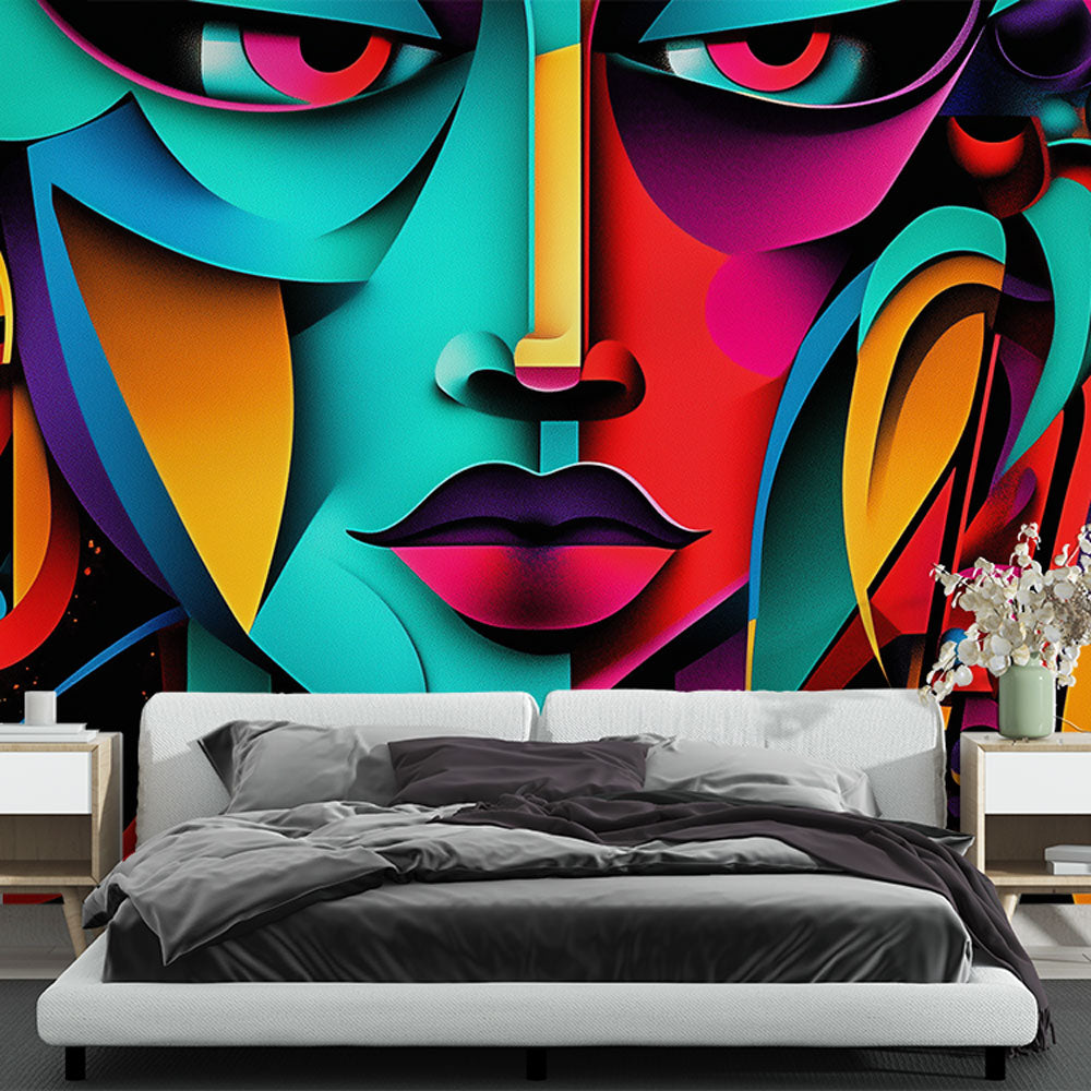 Abstract geometric face wall mural displayed in a modern living room, showing vibrant colors and artistic depth