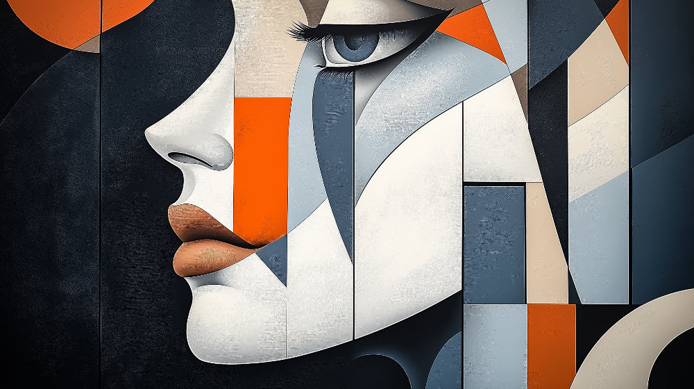 Modern abstract geometric face wallpaper with orange and blue tones styled in a minimalist living room setting