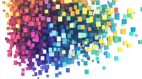 Geometric floating squares design file showing vibrant color spectrum pattern on white background