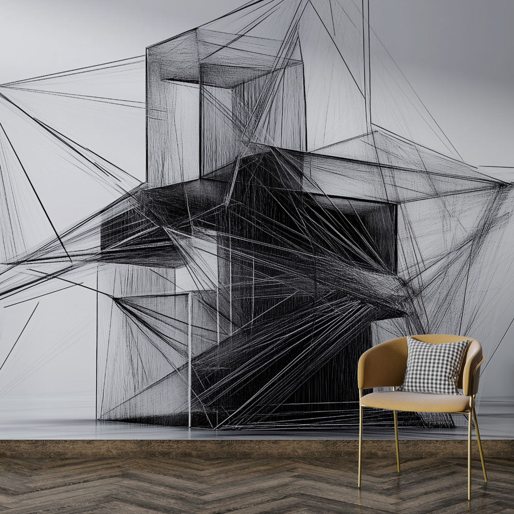 Modern Geometric Line Art Wallpaper creating depth in a minimalist living room with natural lighting