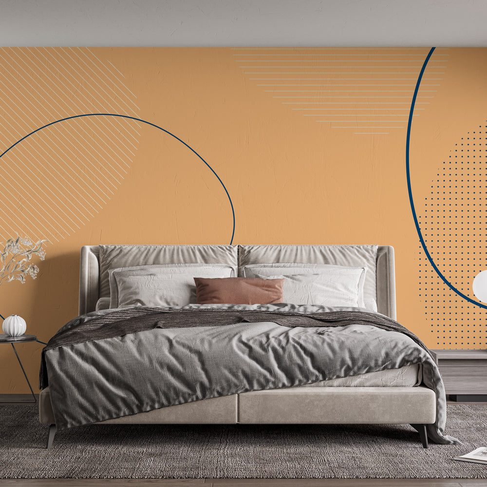 Modern geometric wallpaper with lines and circles in a bright, airy living room showing the pattern's scale and impact