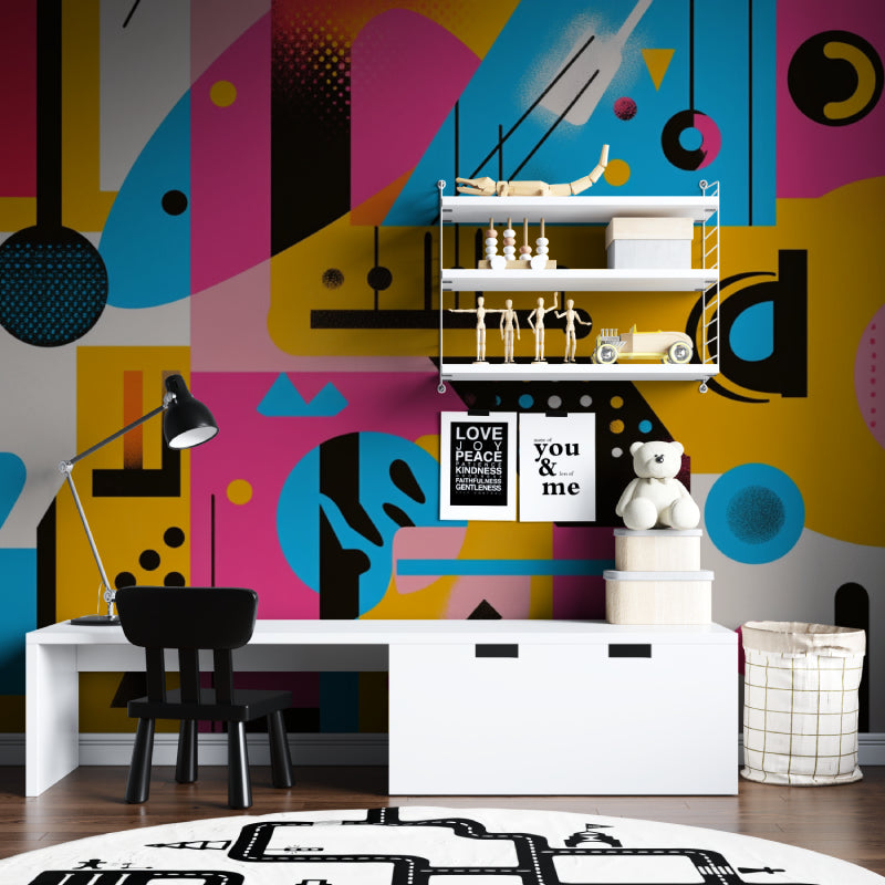 Pop art geometric mural bringing color to a minimalist home office space