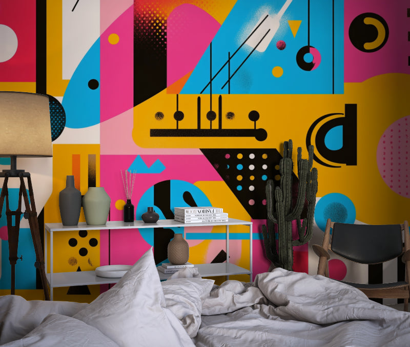 Geometric pop art wallpaper brightening up a contemporary dining room