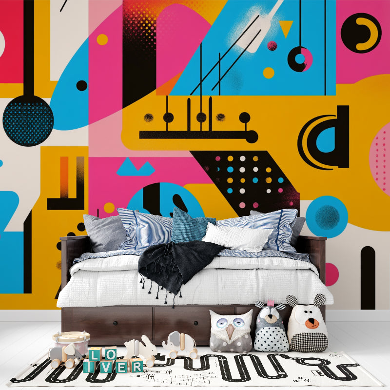 Abstract shapes wallpaper adding energy to a creative studio space