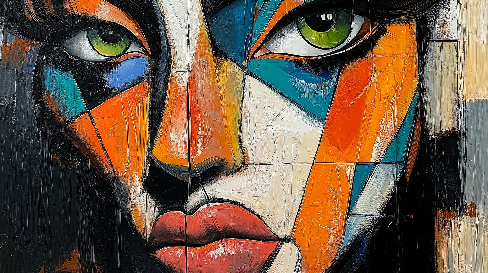 Geometric portrait design file showing vibrant color composition with angular shapes and bold contrasts