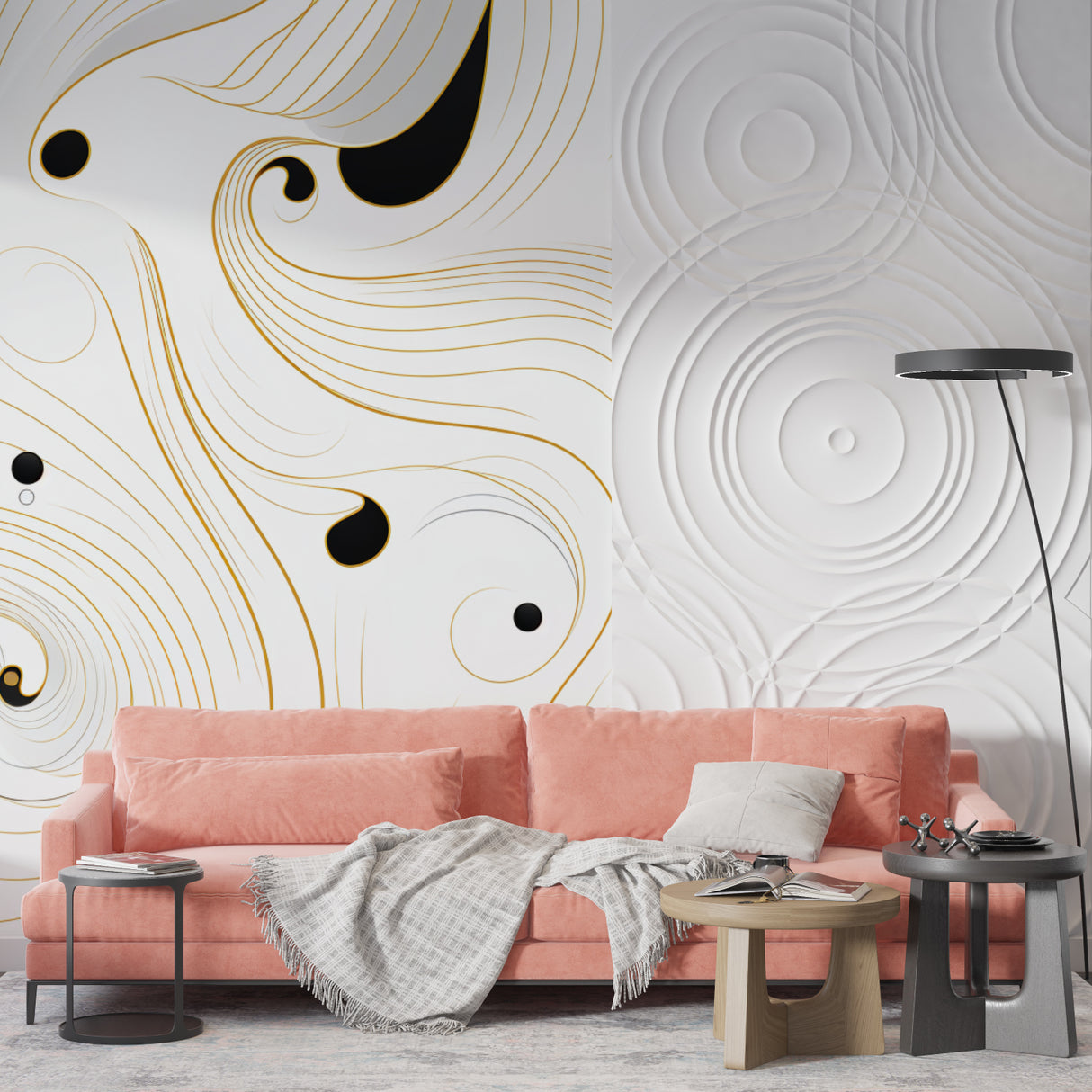 Modern dining room with Abstract Gold and Black Swirl Wallpaper creating an elegant accent wall