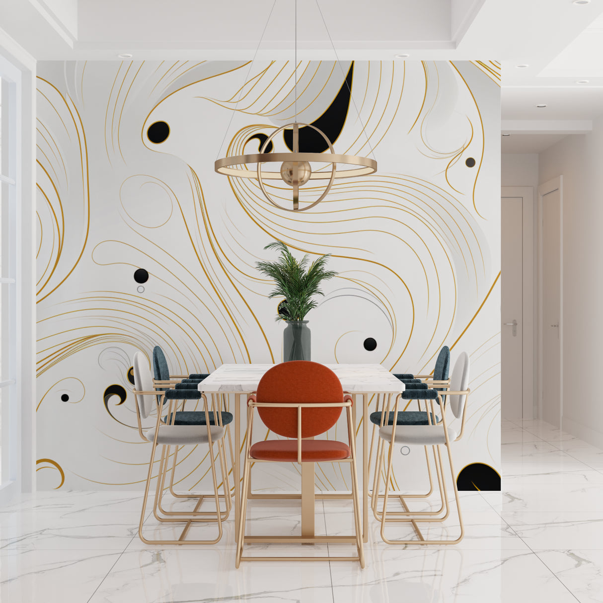Luxury living room featuring Gold Abstract Wallpaper with black swirls