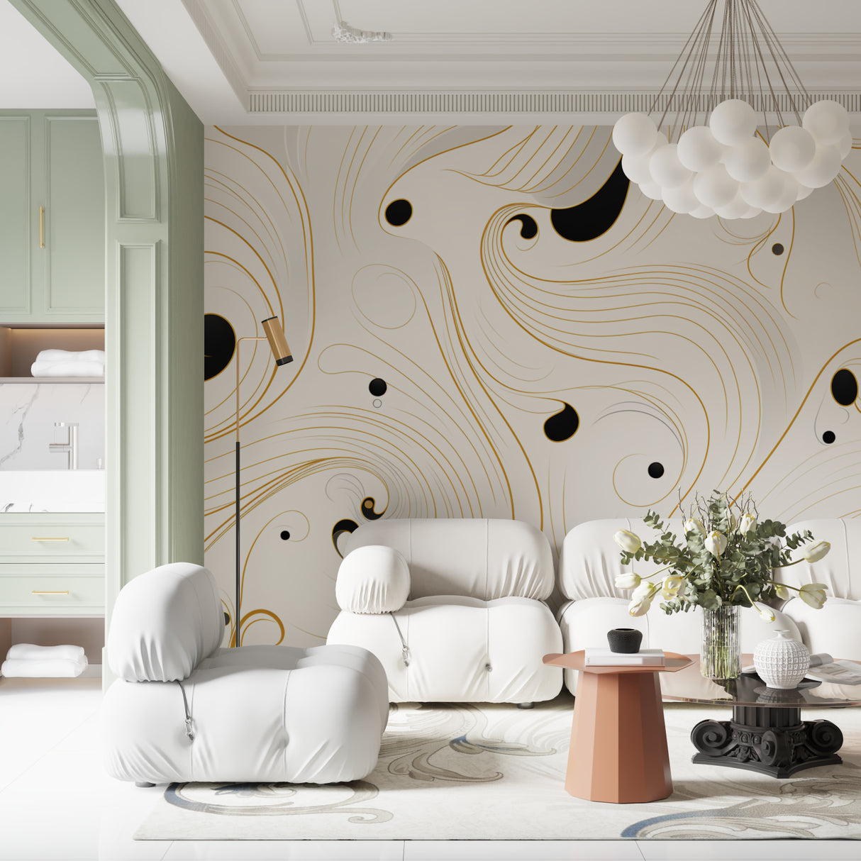 Master bedroom with Gold and Black Abstract Mural making a bold statement