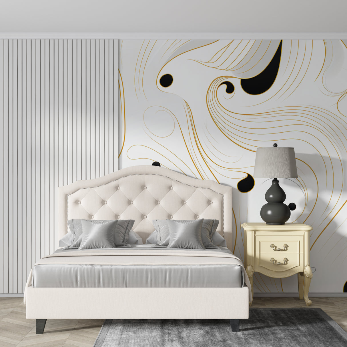 Home office space transformed with Abstract Gold Swirl Wallpaper design