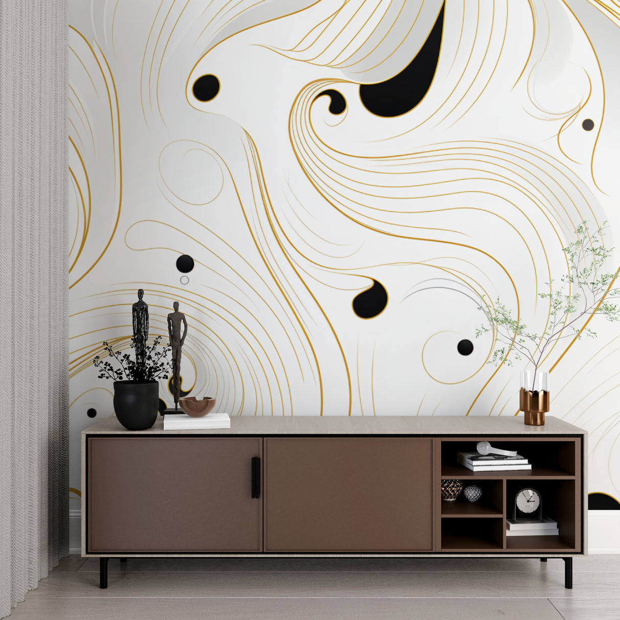 Modern entryway showcasing Black and Gold Abstract Wall Mural
