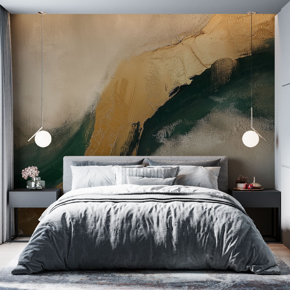 Abstract fluid art wallpaper in green and gold tones creating a dramatic statement wall in a modern living room setting