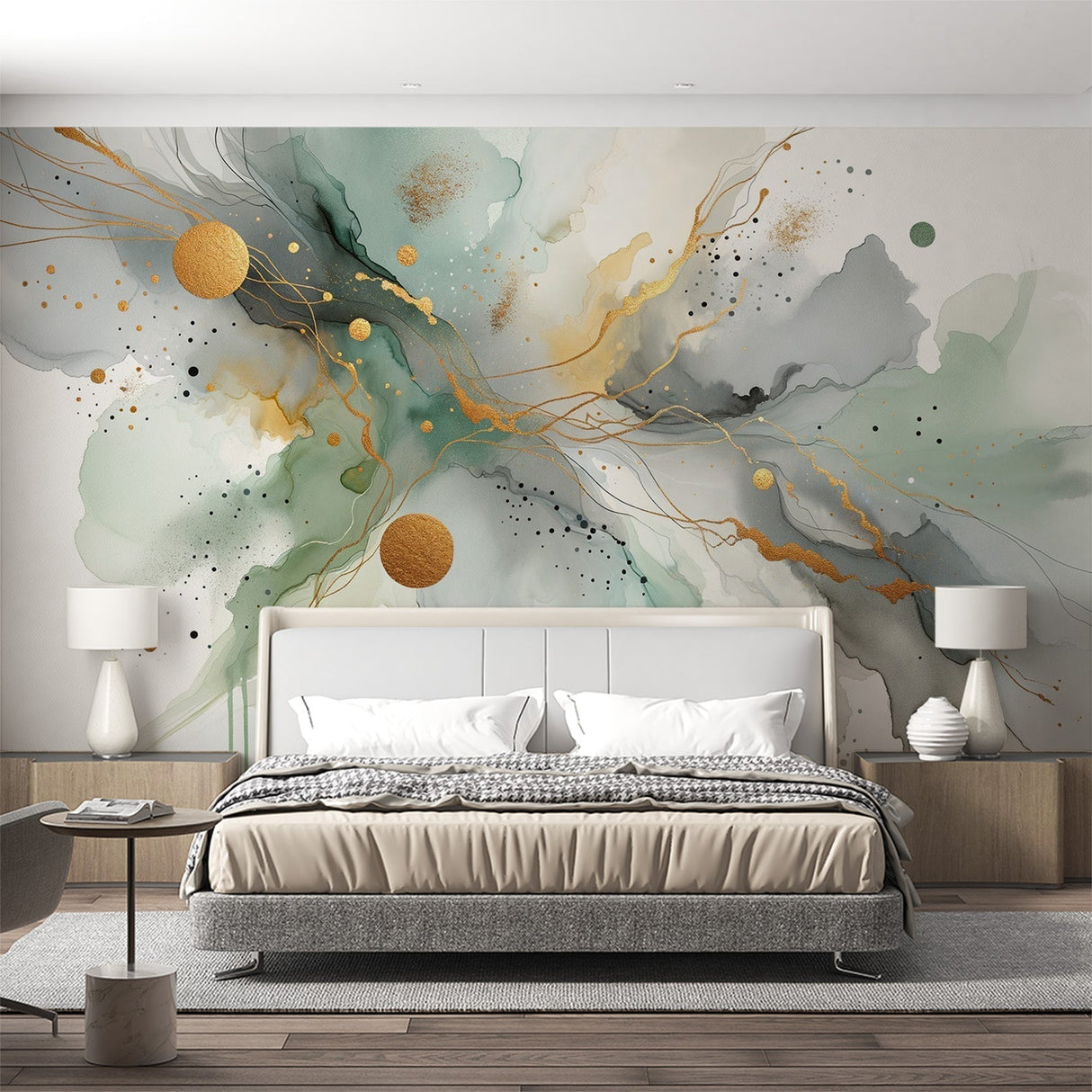 Gold and green abstract watercolor wallpaper creating an artistic statement wall in a modern living room