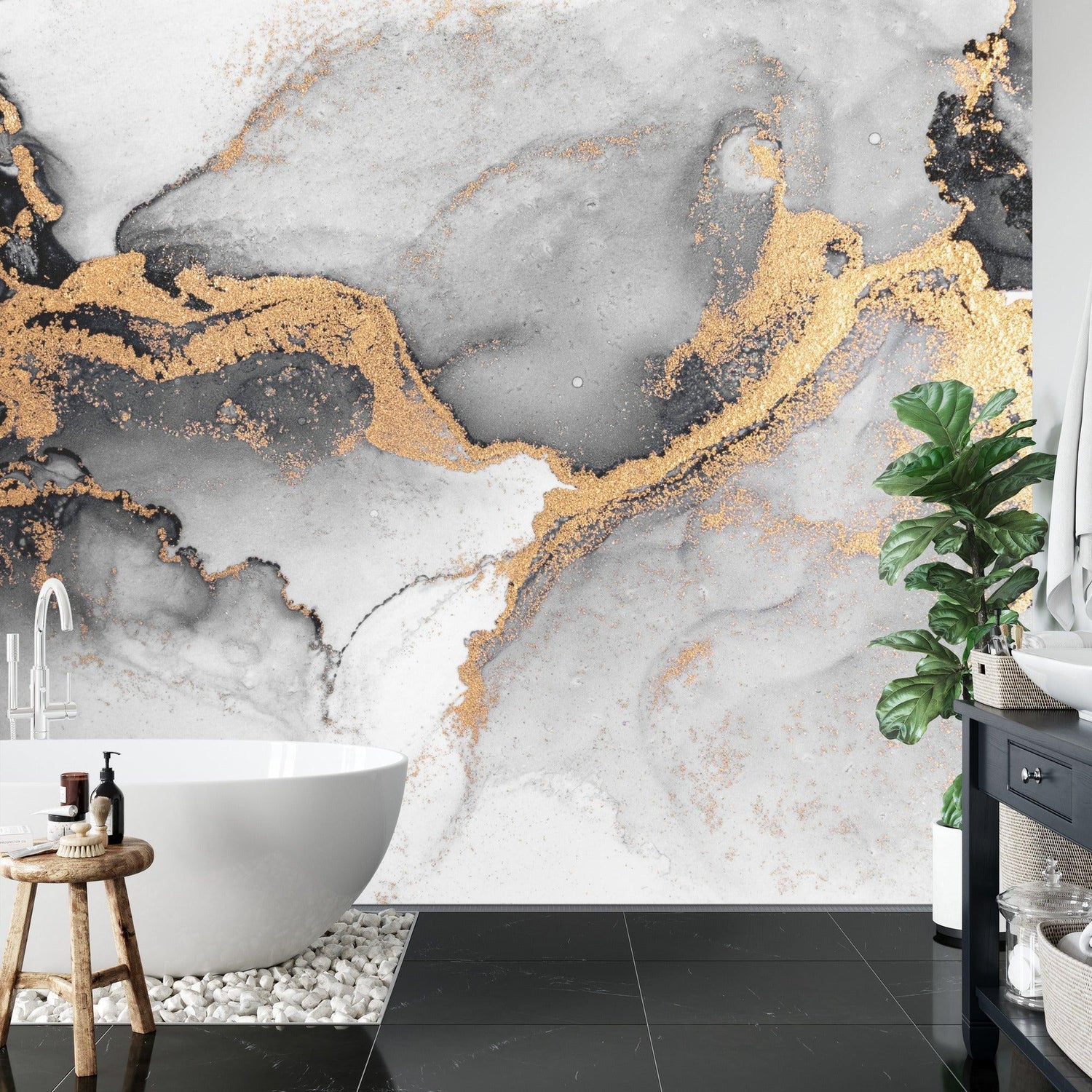 Modern dining room featuring luxury Gold and Grey Marble Wallpaper, showing elegant table setting and pendant lights