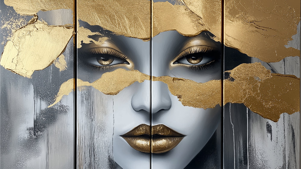 Gold and grey abstract portrait design file showing detailed metallic finishes and artistic torn-edge effect