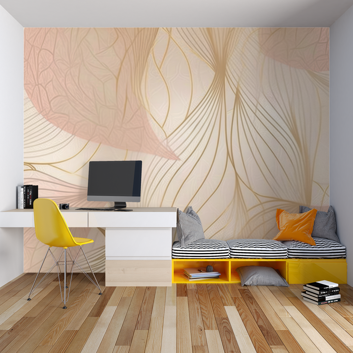 Gold geometric wall mural creating an elegant backdrop in a master bedroom