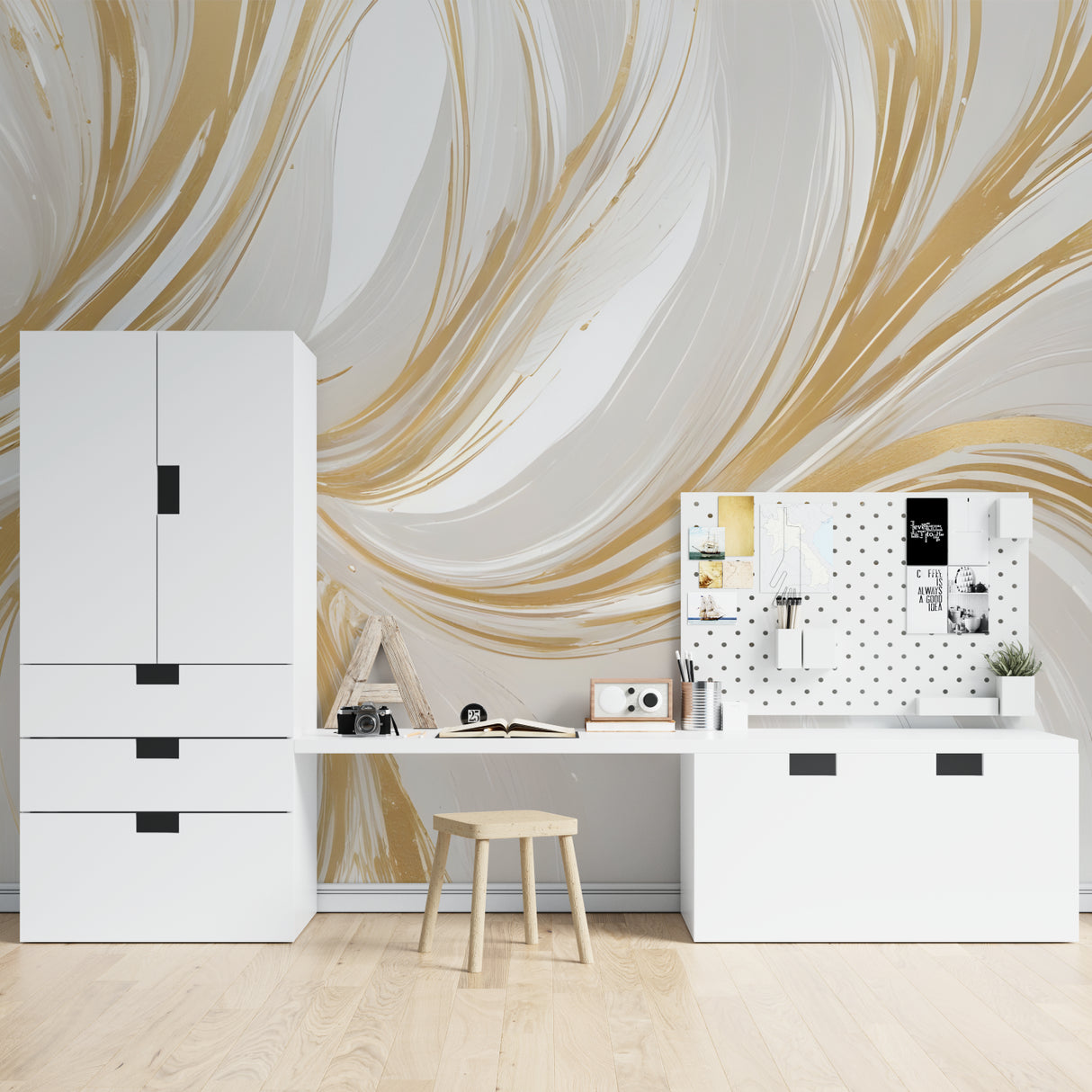 Gold and white marble abstract wallpaper creating a stunning focal point in a modern living room