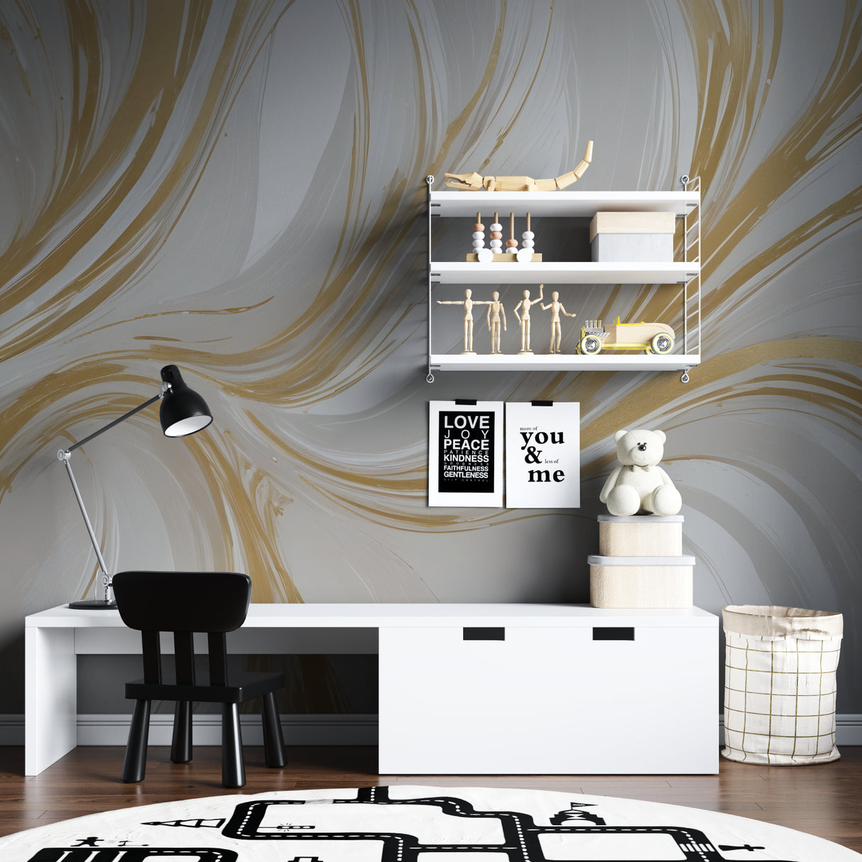 Elegant marble effect wallpaper with gold swirls in a luxury master bedroom setting