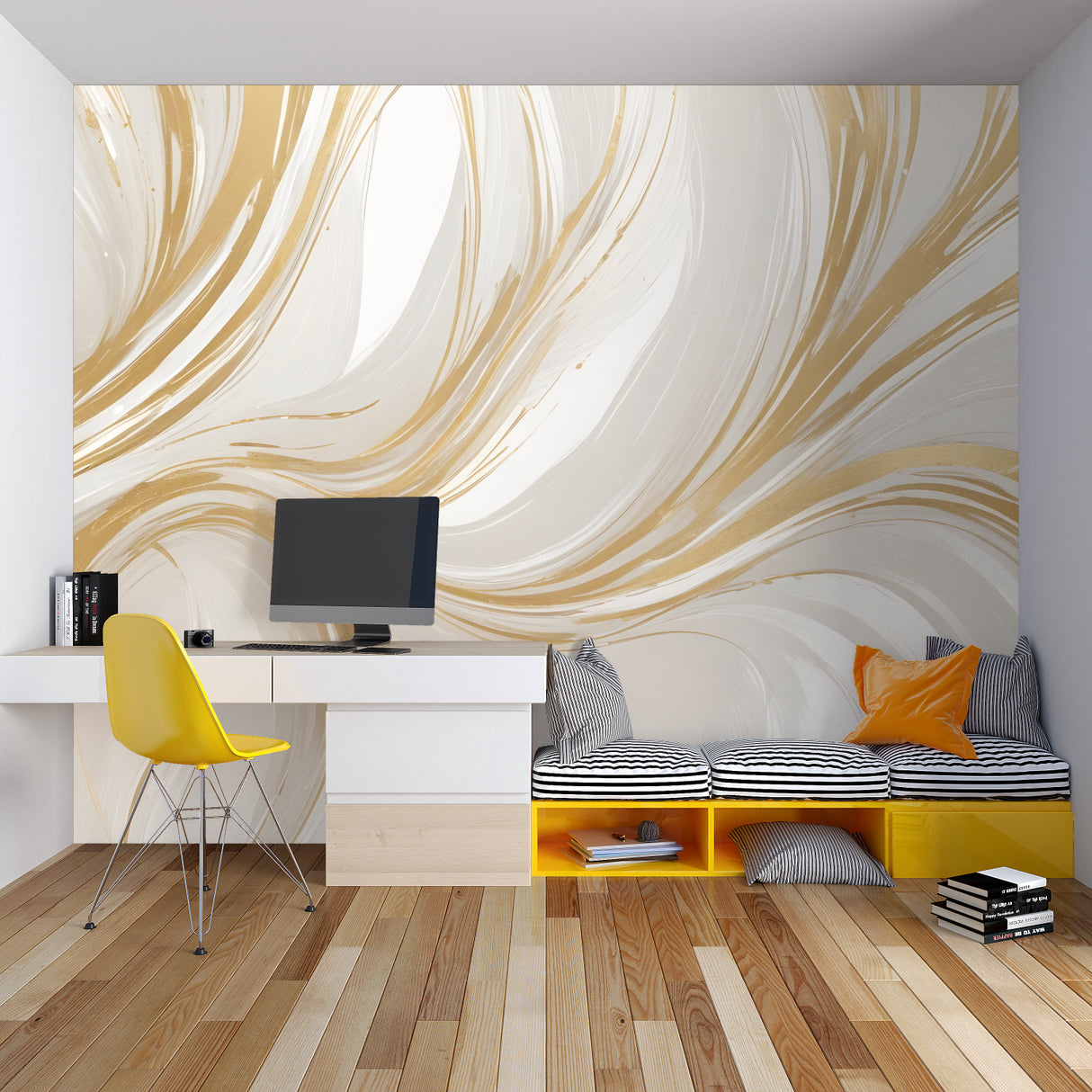 Abstract gold and white wallpaper making a statement in a minimalist dining room