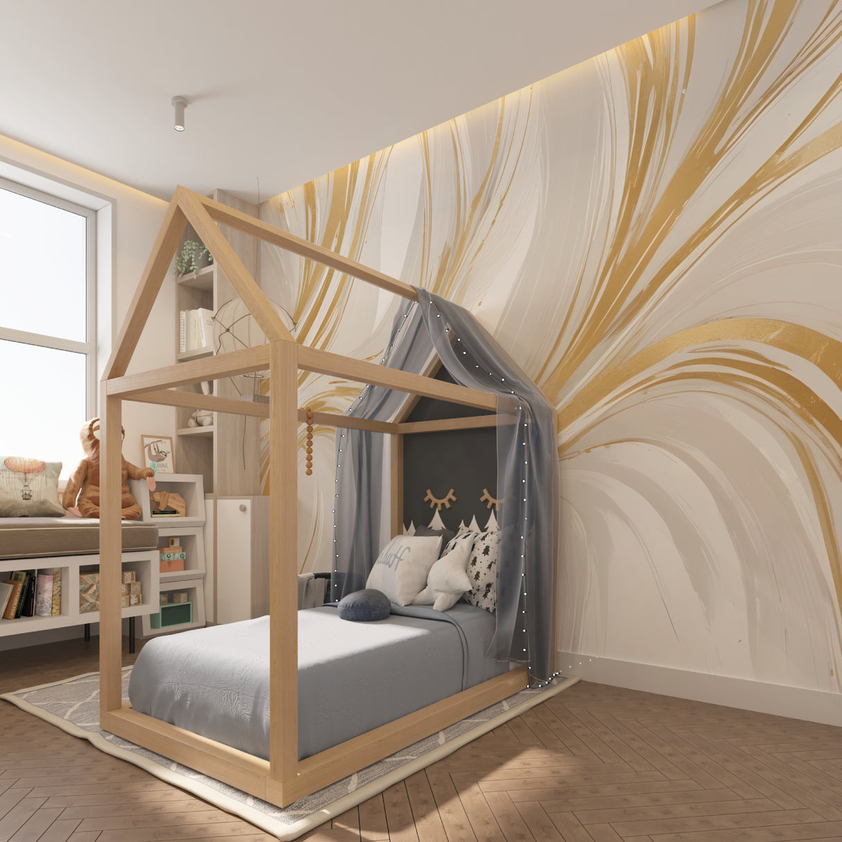 Marble swirl wallpaper adding elegance to a home office space