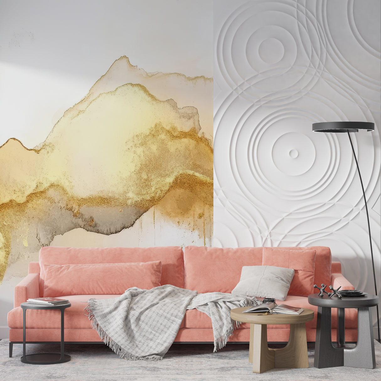 Gold watercolor wave wallpaper in modern living room setting with natural light highlighting flowing patterns