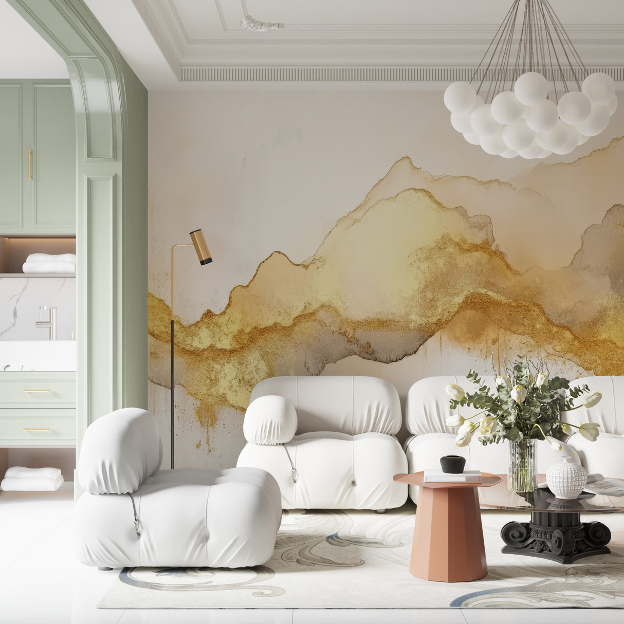 Abstract gold wave mural creating warm ambiance in master bedroom with minimal decor