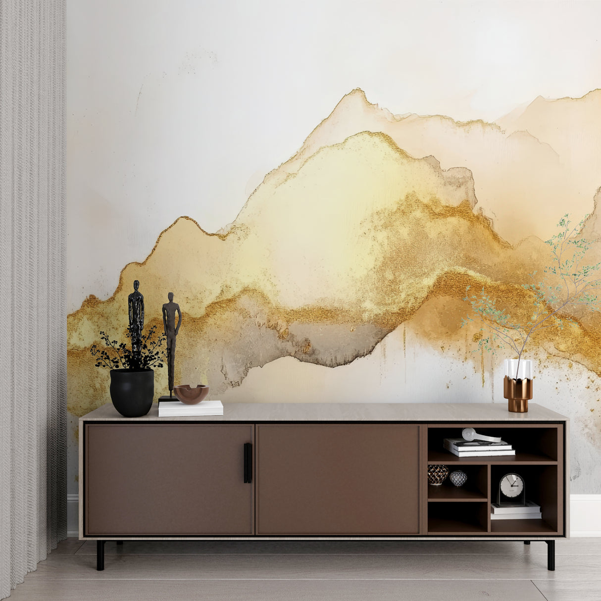Watercolor gold wave mural in home office showing scale and movement of design