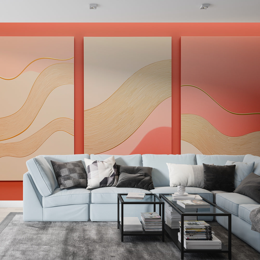 Modern abstract wave wallpaper with gold lines creating movement in a bright, airy living room setting