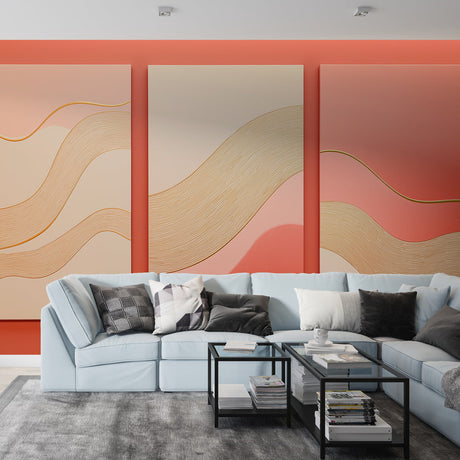 Modern abstract wave wallpaper with gold lines creating movement in a bright, airy living room setting
