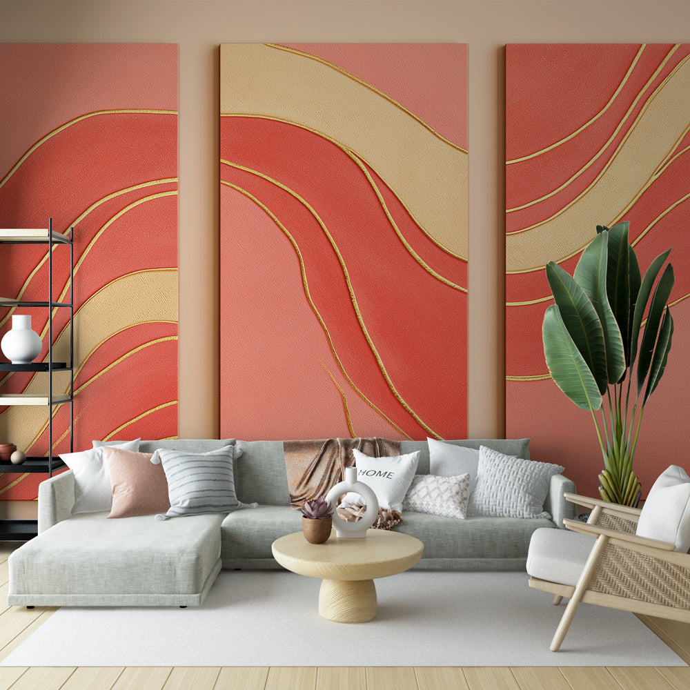 Pink and gold wave pattern wallpaper creating a luxurious atmosphere in a modern living room with natural lighting