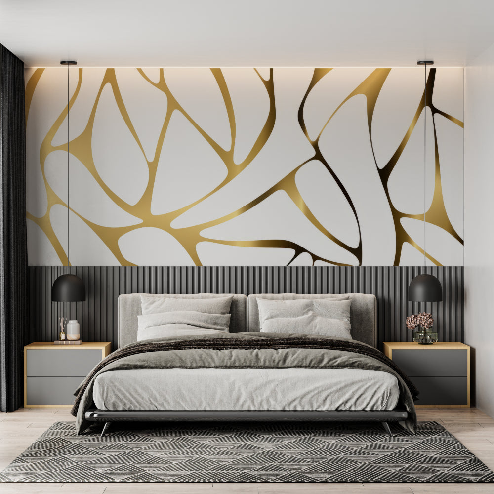 Abstract gold art deco wallpaper in modern living room, creating an elegant atmosphere with natural light